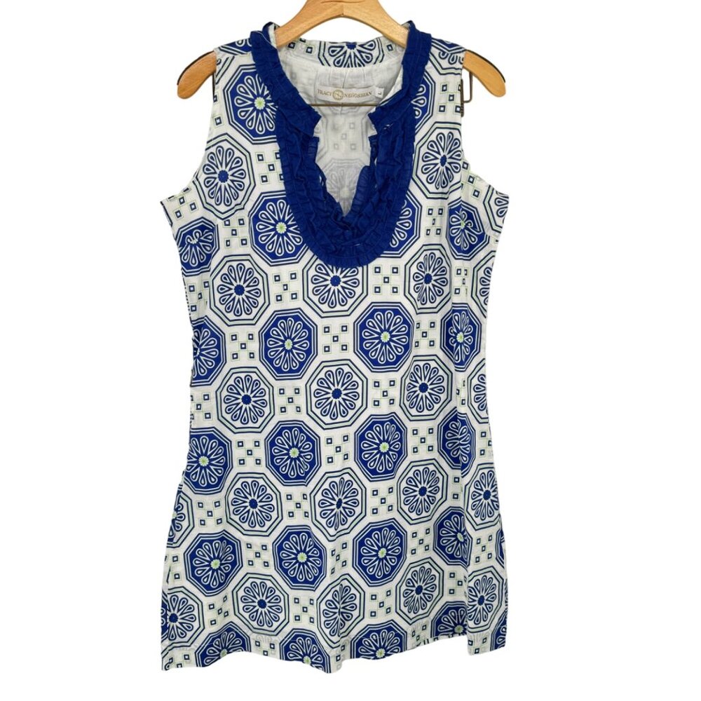 Tracy Negoshian Blue White Sleeveless dress cotton Ruffle Neckline size large